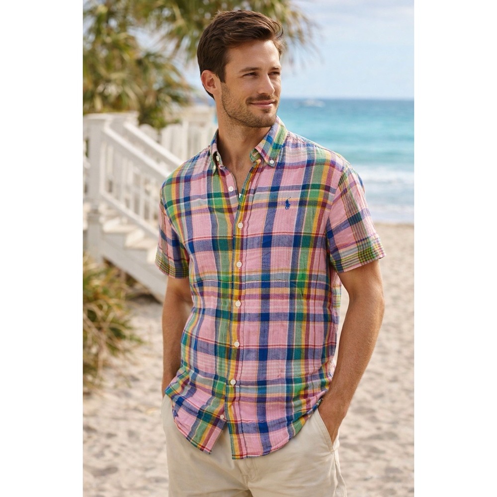 Ralph‎ Lauren Men's Size Small Linen Colorful Plaid Short Sleeve Button Up